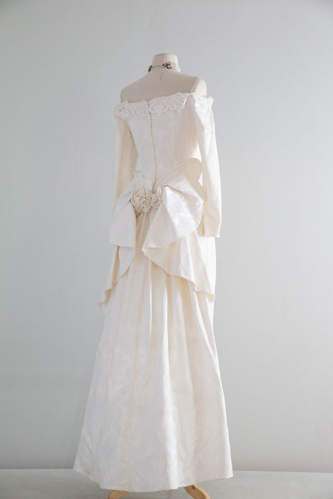 Dreamy 1980's Jessica McClintock OTS Ivory Brocade Wedding Gown / Medium