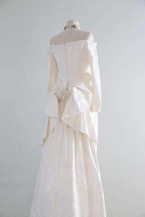 Dreamy 1980's Jessica McClintock OTS Ivory Brocade Wedding Gown / Medium