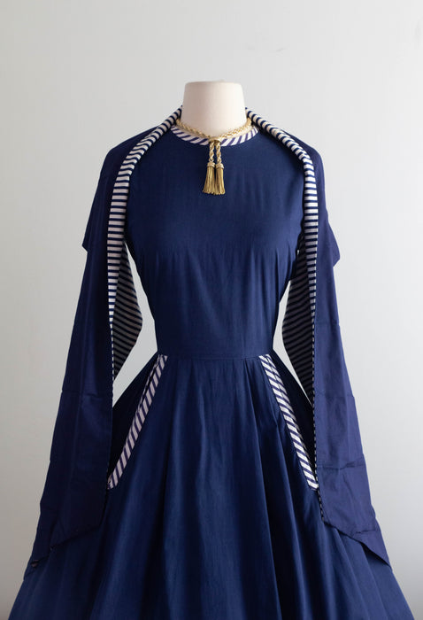 Wonderful Early 1950's New Look Era Navy Cotton Dress With Pockets & Shawl / M