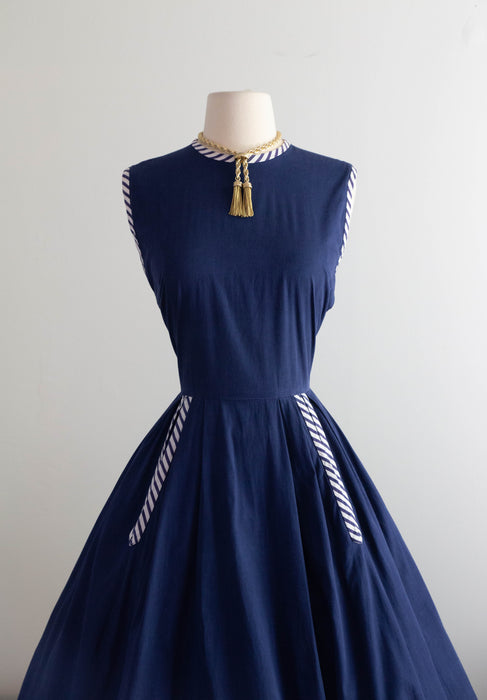 Wonderful Early 1950's New Look Era Navy Cotton Dress With Pockets & Shawl / M
