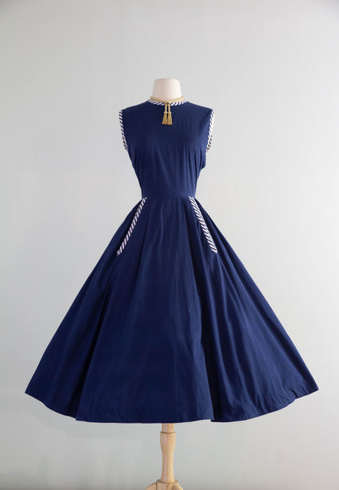 Wonderful Early 1950's New Look Era Navy Cotton Dress With Pockets & Shawl / M