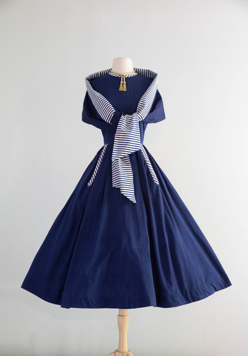 Wonderful Early 1950's New Look Era Navy Cotton Dress With Pockets & Shawl / M