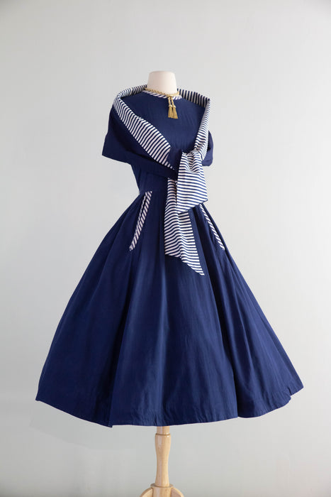 Wonderful Early 1950's New Look Era Navy Cotton Dress With Pockets & Shawl / M