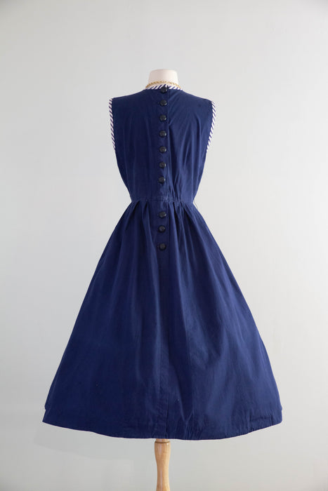Wonderful Early 1950's New Look Era Navy Cotton Dress With Pockets & Shawl / M