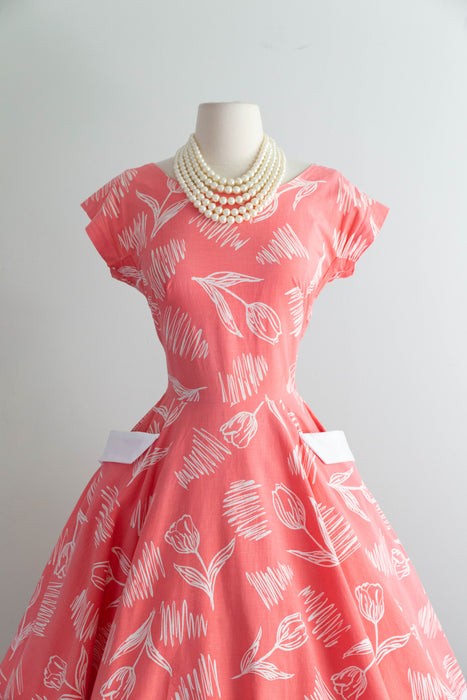 Darling 1950's Horrockses Cotton Day Dress In Pinky Coral With Pockets! / SM
