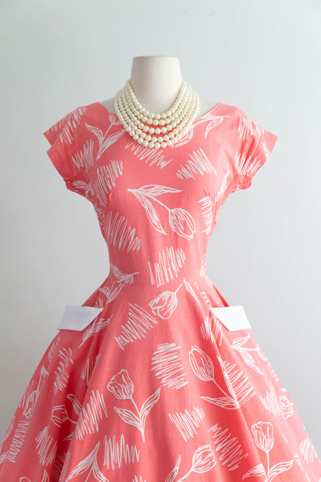 Darling 1950's Horrockses Cotton Day Dress In Pinky Coral With Pockets! / SM