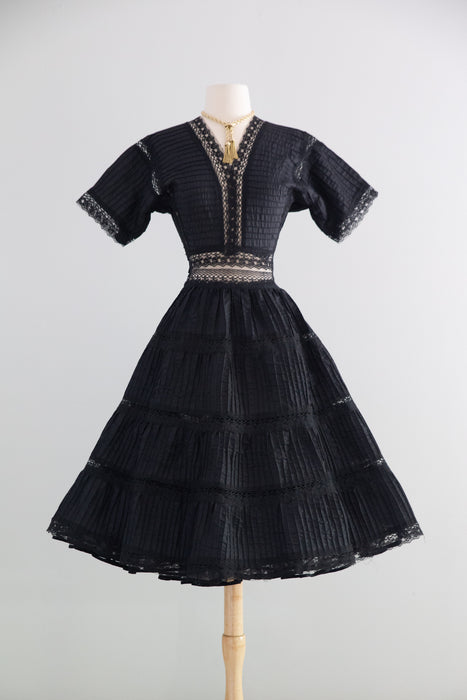 black lace mexican dress 1970s Black Cotton Lace-Trimmed Mexican Peasant Dress