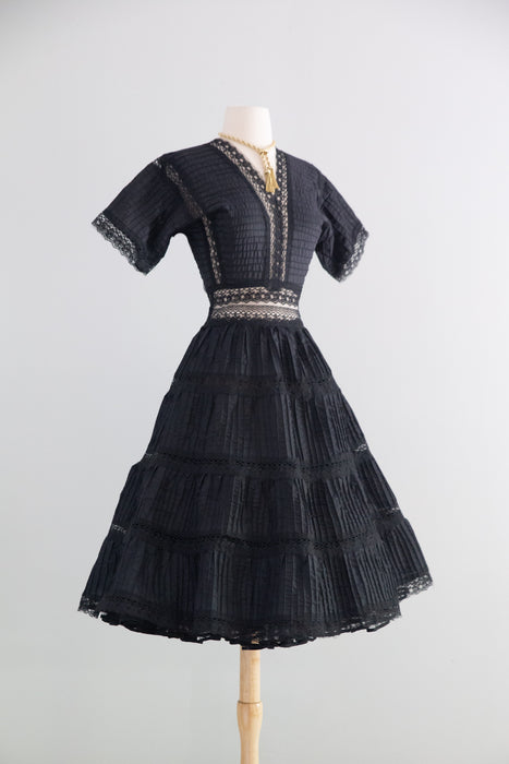 Gorgeous Vintage Mexican Cotton Pintuck Black Dress / M