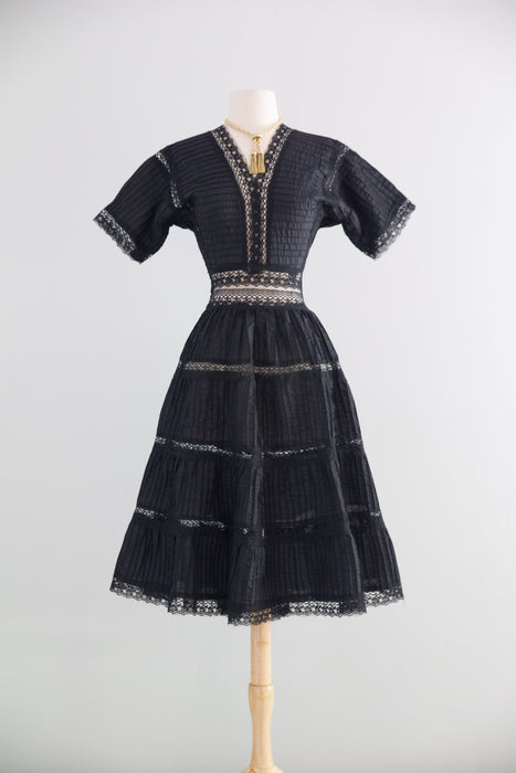 Gorgeous Vintage Mexican Cotton Pintuck Black Dress / M – Xtabay Vintage