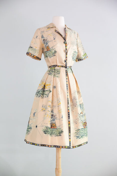 Incredible 1950's Silk Nautical Scene Dress By Simone de Paris / SM