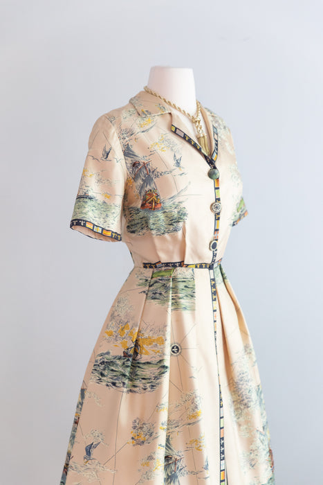 Incredible 1950's Silk Nautical Scene Dress By Simone de Paris / SM