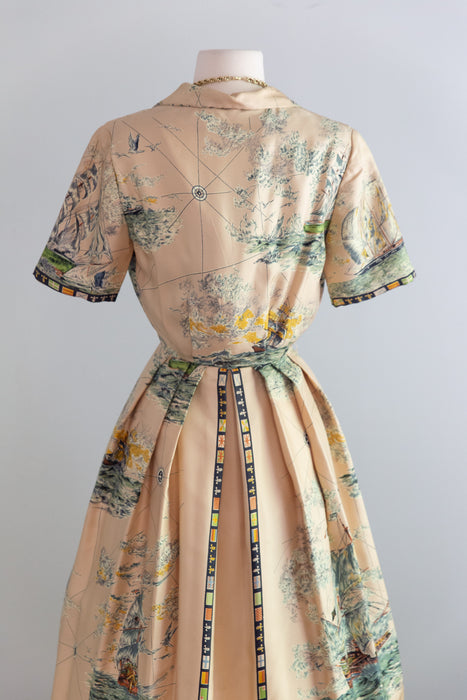 Incredible 1950's Silk Nautical Scene Dress By Simone de Paris / SM