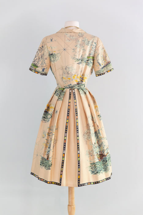 Incredible 1950's Silk Nautical Scene Dress By Simone de Paris / SM