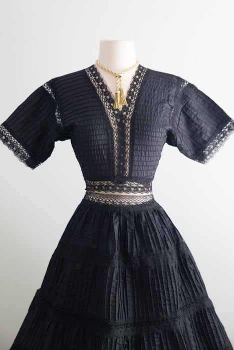 Gorgeous Vintage Mexican Cotton Pintuck Black Dress / M