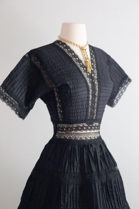 Gorgeous Vintage Mexican Cotton Pintuck Black Dress / M