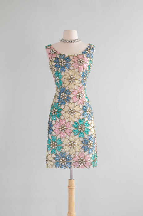 Iconic 1960's Fully Beaded Flower Power Cocktail Dress / Medium