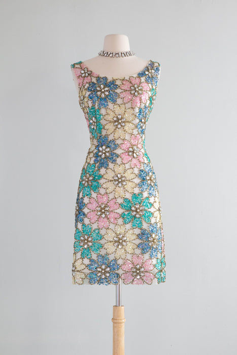 Iconic 1960's Fully Beaded Flower Power Cocktail Dress / Medium