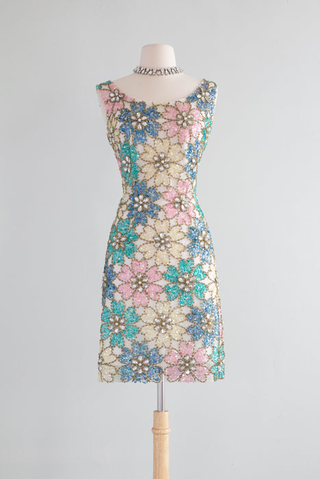 Iconic 1960's Fully Beaded Flower Power Cocktail Dress / Medium