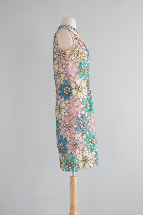 Iconic 1960's Fully Beaded Flower Power Cocktail Dress / Medium