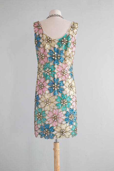 Iconic 1960's Fully Beaded Flower Power Cocktail Dress / Medium