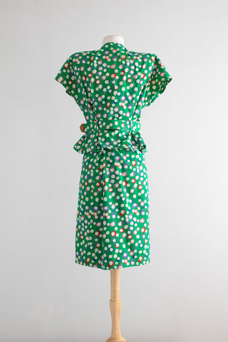 Vintage Emanuel Ungaro Kelly Green Polka Dot Cotton Peplum Dress Suit Xtabay Vintage Vintage Emanuel Ungaro Kelly Green Polka Dot Cotton Peplum Dress Suit Xtabay Vintage