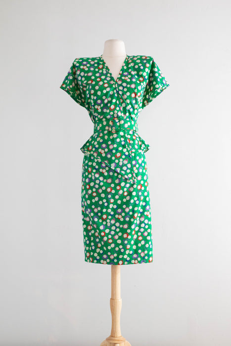 Vintage Emanuel Ungaro Kelly Green Polka Dot Cotton Peplum Dress Suit / Medium