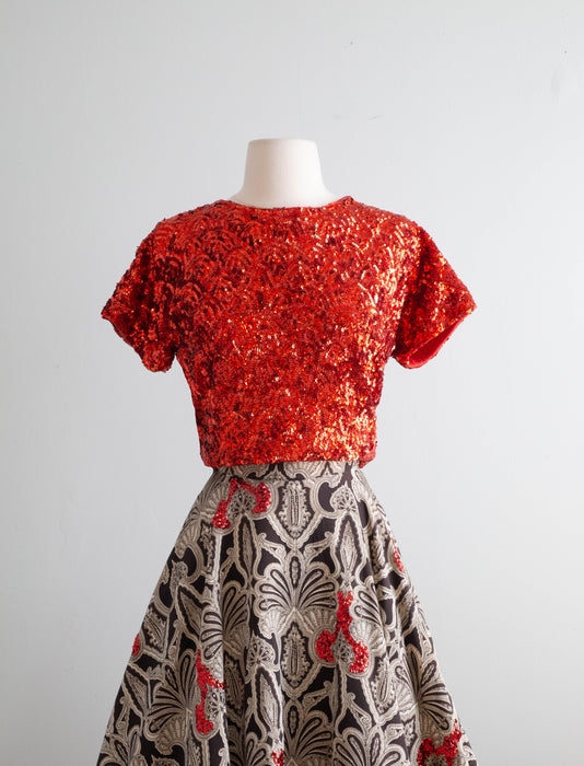 Gorgeous 1950's Black & White Paisley Circle Skirt With Red Sequins & Pockets / Small