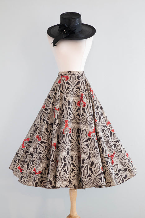 Gorgeous 1950's Black & White Paisley Circle Skirt With Red Sequins & Pockets / Small