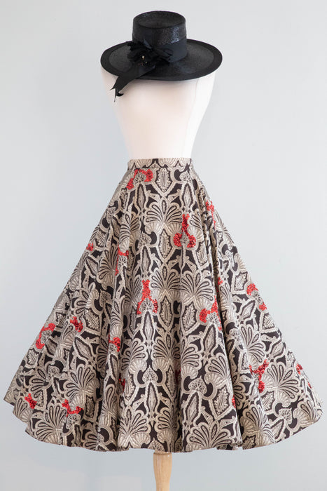 Gorgeous 1950's Black & White Paisley Circle Skirt With Red Sequins & Pockets / Small