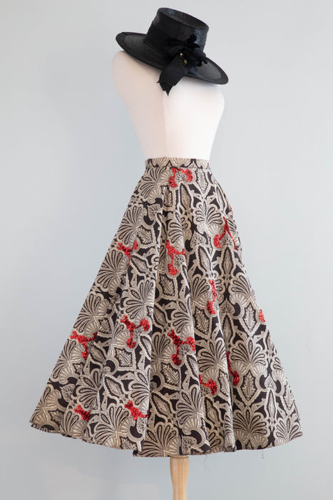 Gorgeous 1950's Black & White Paisley Circle Skirt With Red Sequins & Pockets / Small