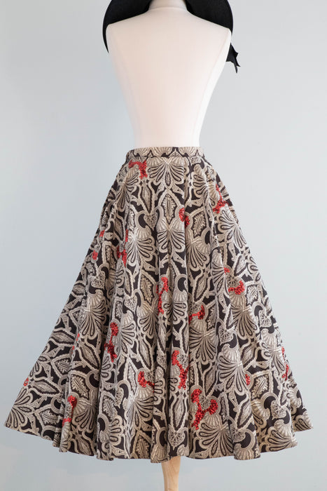 Gorgeous 1950's Black & White Paisley Circle Skirt With Red Sequins & Pockets / Small