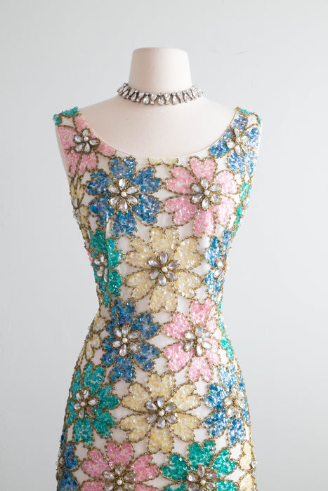 Iconic 1960's Fully Beaded Flower Power Cocktail Dress / Medium