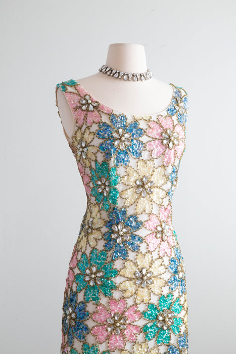 Iconic 1960's Fully Beaded Flower Power Cocktail Dress / Medium