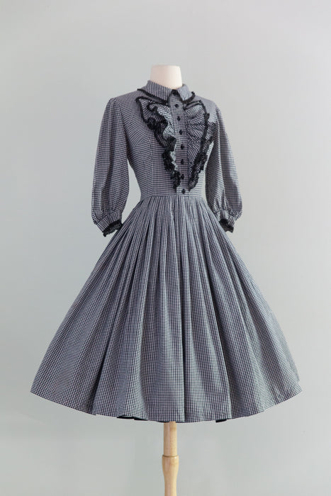 Wicked 1950's Victorian Revival Cotton Gingham Day Dress With Ruffled Collar / S