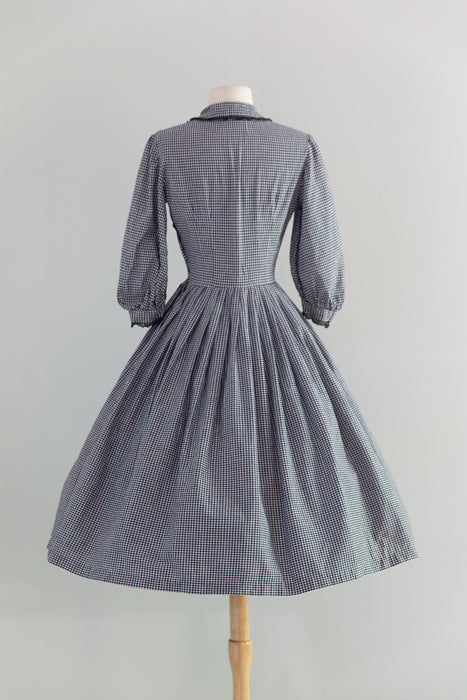 Wicked 1950's Victorian Revival Cotton Gingham Day Dress With Ruffled Collar / S