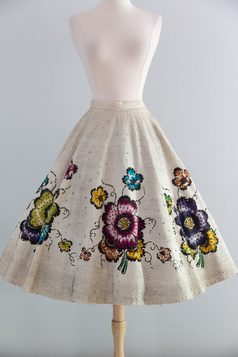 Exquisite 1950's Hand Painted Mexican Circle Skirt With Sequined Flowers / SM