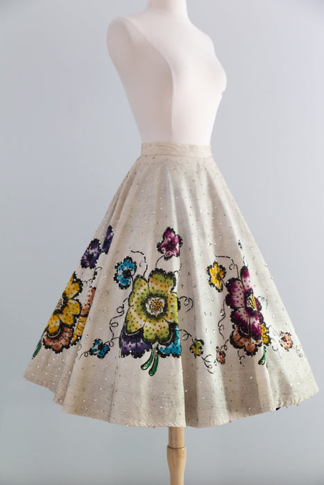 Exquisite 1950's Hand Painted Mexican Circle Skirt With Sequined Flowers / SM