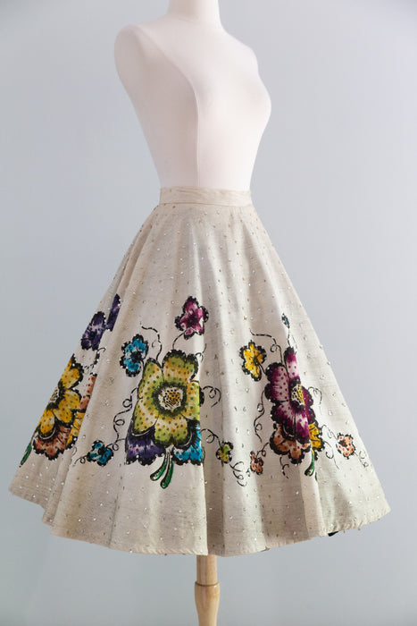 Exquisite 1950's Hand Painted Mexican Circle Skirt With Sequined Flowers / SM
