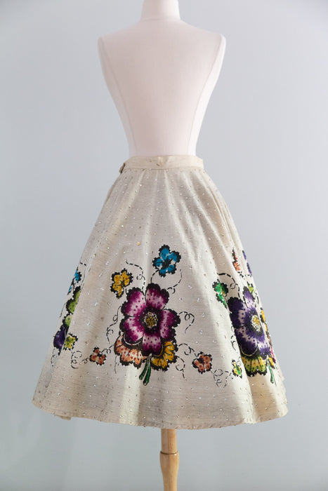 Exquisite 1950's Hand Painted Mexican Circle Skirt With Sequined Flowers / SM