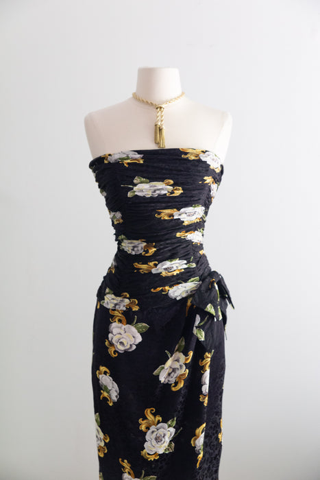 Glamorous 1980's Gilt Rose Print Strapless Silk Cocktail Dress / Small