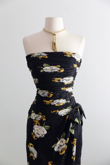Glamorous 1980's Gilt Rose Print Strapless Silk Cocktail Dress / Small