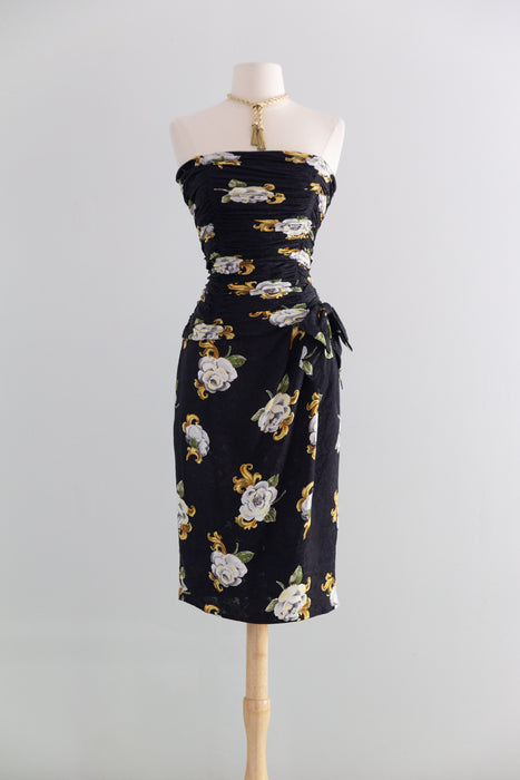Glamorous 1980's Gilt Rose Print Strapless Silk Cocktail Dress / Small