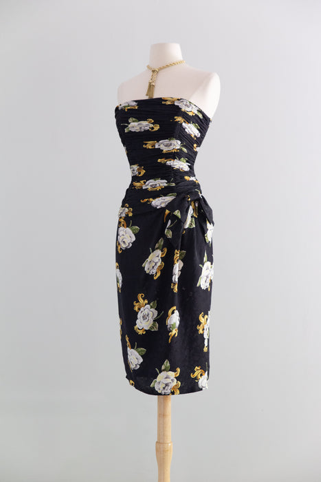 Glamorous 1980's Gilt Rose Print Strapless Silk Cocktail Dress / Small