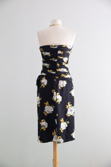 Glamorous 1980's Gilt Rose Print Strapless Silk Cocktail Dress / Small