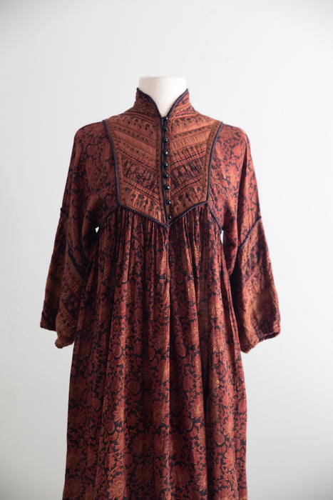 Fabulous 1970s Indian Block Print Cotton Gauze Dress / Small