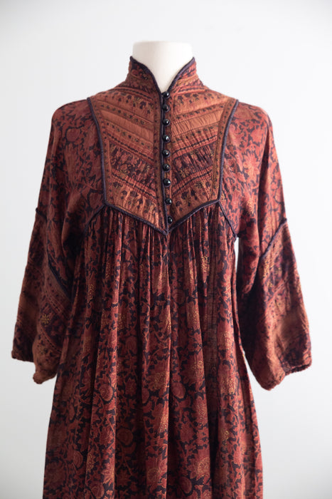 Fabulous 1970s Indian Block Print Cotton Gauze Dress / Small