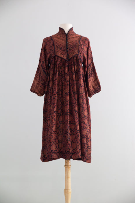 Fabulous 1970s Indian Block Print Cotton Gauze Dress / Small