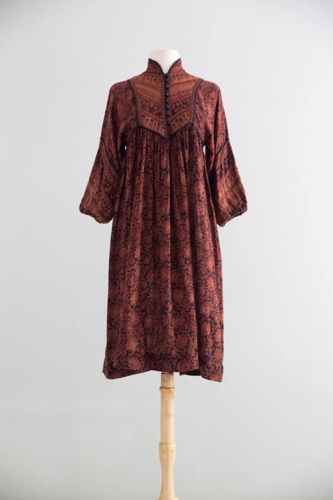Fabulous 1970s Indian Block Print Cotton Gauze Dress / Small