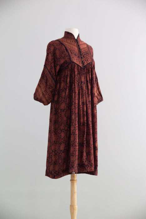 Fabulous 1970s Indian Block Print Cotton Gauze Dress / Small