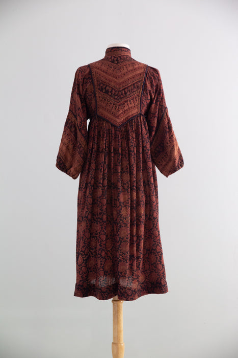 Fabulous 1970s Indian Block Print Cotton Gauze Dress / Small